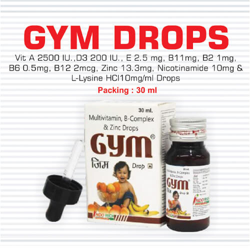Product Name: Gym Drops, Compositions of Gym Drops are Vit A 2500 IU.,D3 200 IU.,E2.5mg,B11mg,B2 1mg,B6 0.5 mg,B 12 2mcg,Zinc 13.3 mg,Nicotinamide 10 mg & L-lysine Hcl 10 mg/ml Drops - Pharma Drugs and Chemicals