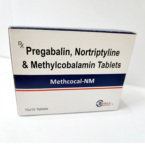 Product Name: Methcocal NM, Compositions of Methcocal NM are Pregabalin, Nortriptyline & Methylcobalamin Tablets - Bkyula Biotech