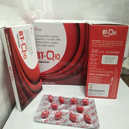 Product Name: BT Q10, Compositions of BT Q10 are Co-enzyme Q-10,L-Arginine, L-Carnitine,DHA,Methylcobalamin Lycopene &  Zinc Softgel Capsules - Biotanic Pharmaceuticals