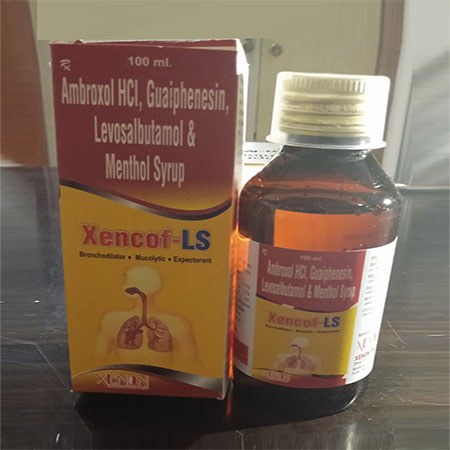 Product Name: Xencof Ls, Compositions of Xencof Ls are Ambroxal HCL, Guaiphenesi, Levosalbutamol & Menthol Syrup - Xenon Pharma Pvt. Ltd