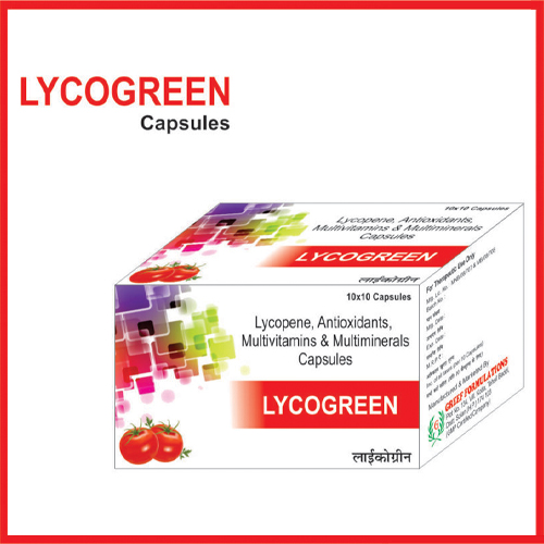 Product Name: Lycogreen, Compositions of Lycogreen are Lycopene,Antioxidants,Multivitamins & Multiminerals Capsules - Greef Formulations