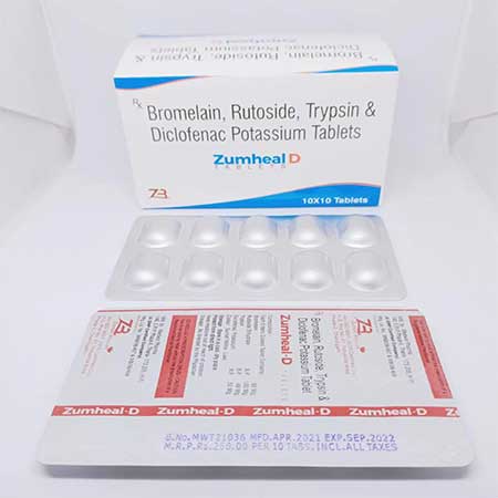 Product Name: Zumheal D, Compositions of Bromelain,Rutoside,Trypsin & Diclofenac Potassium Tablets are Bromelain,Rutoside,Trypsin & Diclofenac Potassium Tablets - Zumax Biocare