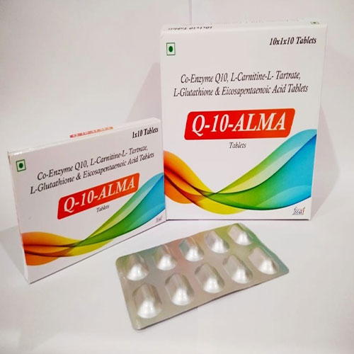Product Name: Q 10 Alma, Compositions of Q 10 Alma are Co enzyme Q10 l tartrate & ext. - Almatica Pharmaceuticals Private Limited