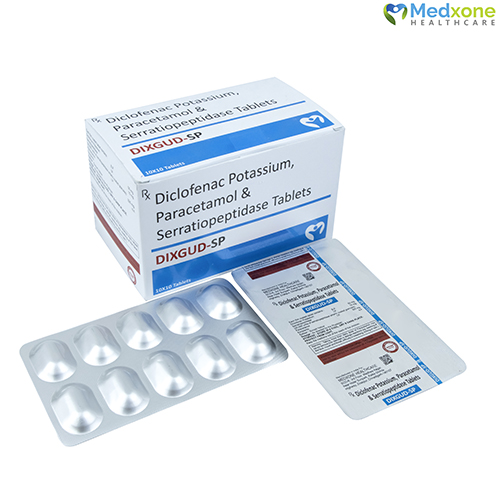 Product Name: DIXGUD SP, Compositions of DIXGUD SP are Diclofenac Potassium Paracetamol & Serratiopeptidase Tablets - Medxone Healthcare