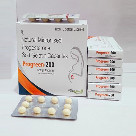 Product Name: Progreen 200, Compositions of Progreen 200 are Natural Micronised Progesterone Soft Gelatin Capsules - Abigail Healthcare