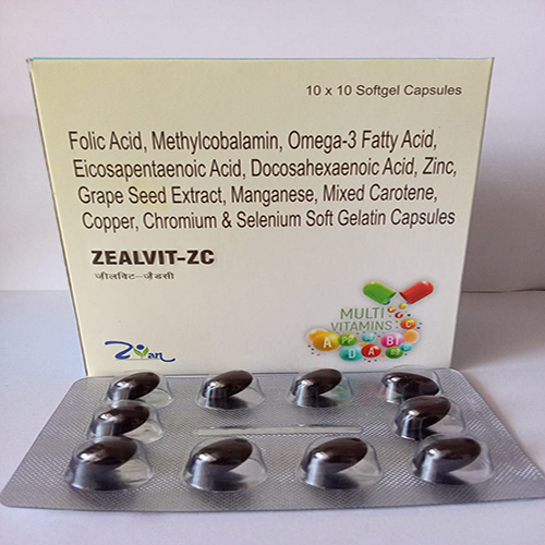 Product Name: ZEALVIT ZC, Compositions of ZEALVIT ZC are Folic Acid,  Methylcobalamin,Omega-3 Fatty Acid, Eicosapentaenoic Acid, Docosahexaenoic Acid, Zinc, Grape Seed Extract, Manganese, Mixed Carotene, Copper, Chromium & Selenium Soft Gelatin Capsules. - Arlig Pharma