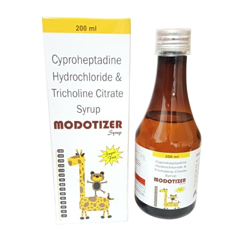 Product Name: MODOTIZER, Compositions of MODOTIZER are Cyproheptadine Hydrochloride & Tricholine Citrate Syrup - Medlo Biotech
