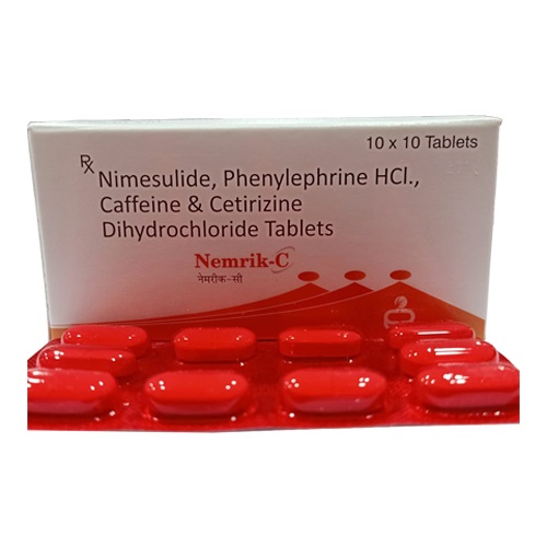 Product Name: Nemrik C, Compositions of Nemrik C are Nimesulide, Paracetamol, Cetrizine Hydrochloride ,  Phenylphrine Hydrochloride and Caffeine Tablets - Erika Remedies