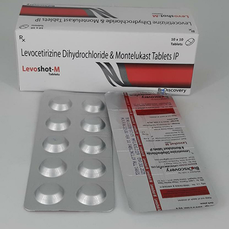 Product Name: Levoshot M, Compositions of Levoshot M are Levocetrizine Dihydrochloride & Montelukast Tablets IP - Biodiscovery Lifesciences Pvt Ltd