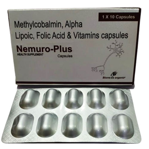 Product Name: Nemuro plus, Compositions of Nemuro plus are Methylcobalmin 1500mcg, Pyridoxine 1.45mg, Vitamin B1 1.4mg, Alpha Lipoic Acid 100mg & Folic Acid 0.2mg - Bionexa Organic