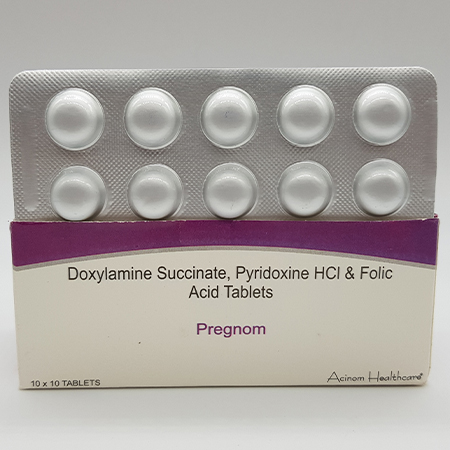 Product Name: Pregnom, Compositions of Pregnom are Doxylamine Succinate, Pyridoxine Hcl and Folic Acid Tablets - Acinom Healthcare
