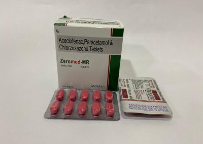 Product Name: Zeromed MR, Compositions of Zeromed MR are Aceclofenac 100mg + Paracetamol 325mg +Chlorzoxazone 250mg Tablet - Medofy Pharmaceutical