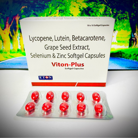 Product Name: Viton Plus, Compositions of Viton Plus are Lycopene,Lutien,Betacarotene,Grape Seed Extract Selenium & Zinc Softgel Capsules - Eton Biotech Private Limited
