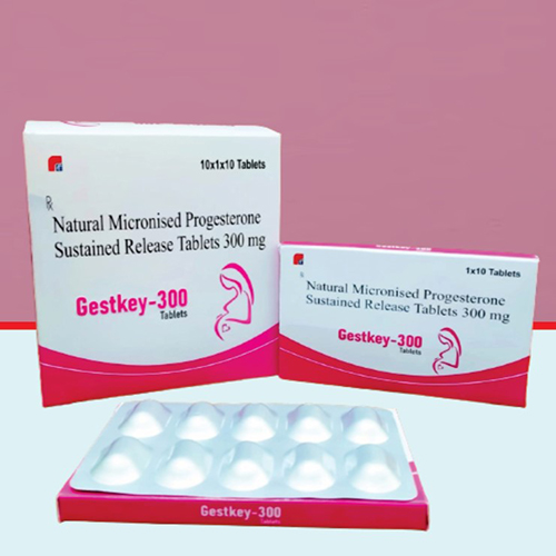 Product Name: GestKey 300, Compositions of GestKey 300 are Natural Micronised Progesterone Sustained Release Tablets 300 mg - Healthkey Life Science Private Limited