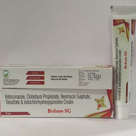 Product Name: BTderm 5G, Compositions of BTderm 5G are Ketoconazole,Clobetasol Propionate,Neomysin Sulphate Tolnafate & Iodochlorhydroxyquinoline Cream - Biotanic Pharmaceuticals