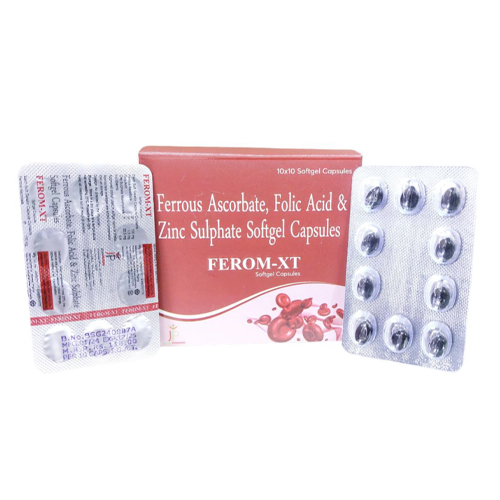 Product Name: Ferom XT, Compositions of Ferom XT are Ferrous Ascorbate, Folic Acid & Zinc Sulphate - Jecks Pharma