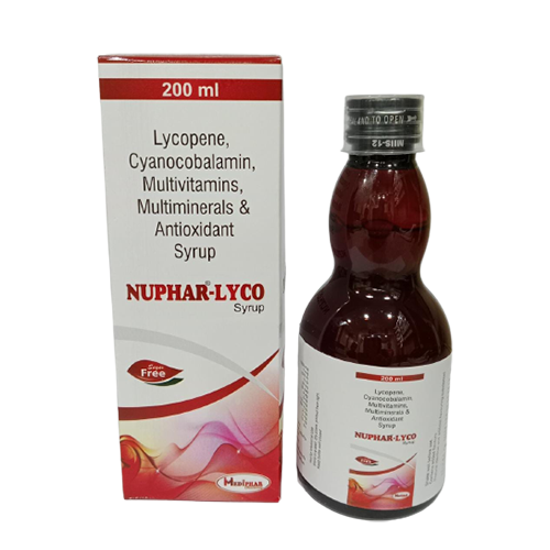 Product Name: Nuphar Lyco, Compositions of Nuphar Lyco are Lycopene,Cyanocobalamin,Multivitamins,Multiminerals and  Antioxidant Syrup - Mediphar Lifesciences Private Limited
