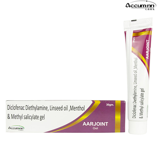 Product Name: Aarjoint Gel, Compositions of Aarjoint Gel are Diclofenac Diethylamine, Linseed oil, Menthol & Methyk salicylate gel - Accuminn Labs