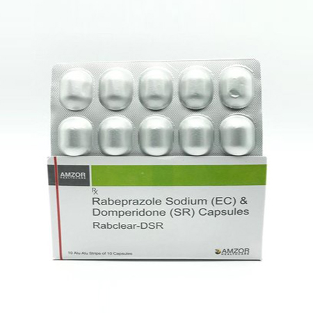 Product Name: Rabclear Dsr, Compositions of Rabclear Dsr are Rabeprazole Sodium (EC) & Domeperidone (SR) Capsules - Amzor Healthcare Pvt. Ltd