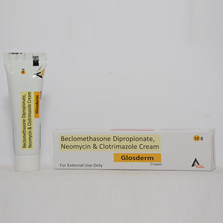 Product Name: GLOSDERM, Compositions of GLOSDERM are Beclomethasone Dipropionate, Neomycin & Clotrimazole Cream - Alencure Biotech Pvt Ltd