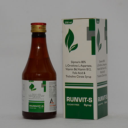 Product Name: RUNVIT S, Compositions of RUNVIT S are Silymarin 80% L-Ornithine L-Asparate, Vitamin B6, Vitamin B12 Folic Acid & Tricholine Citrate Syrup - Alencure Biotech Pvt Ltd