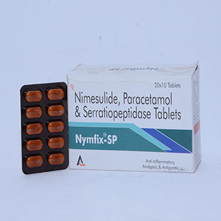 Product Name: NYMFIX P, Compositions of NYMFIX P are Nimesulide, Paracetamol & Serratiopeptidase Tablets - Alencure Biotech Pvt Ltd