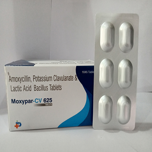 Product Name: Moxypar CV 625, Compositions of Moxypar CV 625 are Amoxycillin, Potassium Clavulanate & Lactic Bacillus Tablets - Paraskind Healthcare