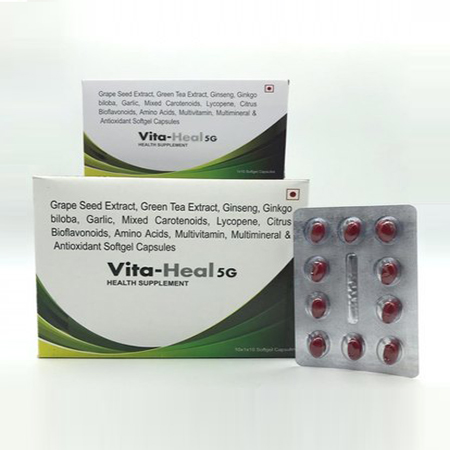 Product Name: Vita Heal 5g, Compositions of Vita Heal 5g are Grapeseed Extract, Green Tea Extract, Gingseng, Ginkgo biloba, Garlic, Mixed carbotenoids, Lycopene, Citrus Bioflavounoids, Amino Acids, Multivitamin, Multiminerals & Antioxidant Softgel Capsules - Amzor Healthcare Pvt. Ltd