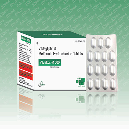 Product Name: Vildakos M 500, Compositions of Vildakos M 500 are Vildagliptin & Metformin Hydrochloride Tablets  - Elkos Healthcare Pvt. Ltd