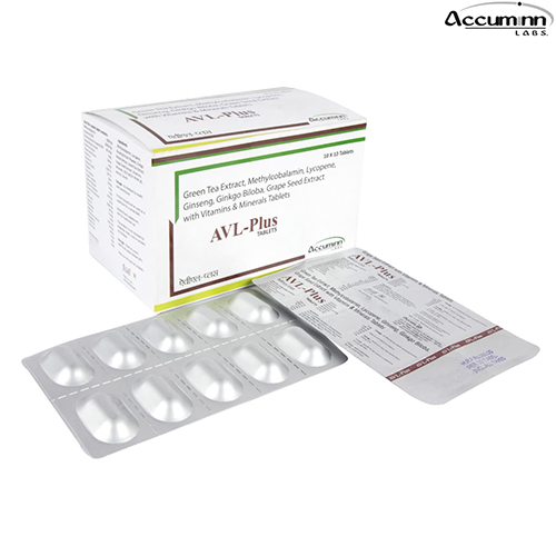 Product Name: AVL Plus, Compositions of AVL Plus are Green Tea Exttract, Methylcobalamin Lycopene, Gingseng Filoba, Grape Seed Extract with Vitamin & Minerals Tablets - Accuminn Labs