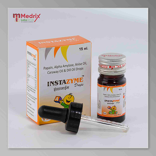 Product Name: INSTAZYME DROPS , Compositions of INSTAZYME DROPS  are Papain, Alpha Amylase, Anise Oil, Caraway Oil & Dill oil Drops  - Medrix Labs Pvt Ltd
