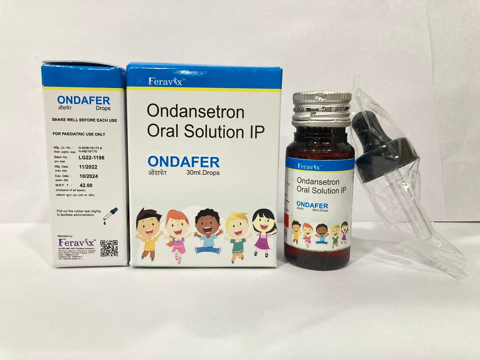 Product Name: ONDAFER Syrup, Compositions of ONDAFER Syrup are ONDANSETRON HYDROCHLORIDE EQ. TO ONDANSETRON IP 2 MG - Feravix Lifesciences