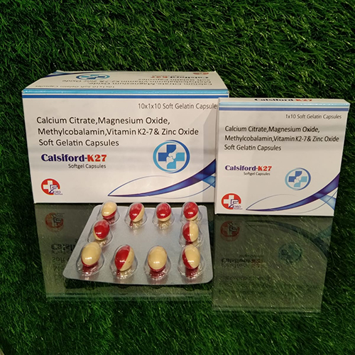 Product Name: Calsiford K27, Compositions of Calsiford K27 are Calcium Citrate,Magnesium Oxide,Methylcobalamin, Vitamin K2-7  & Zinc Oxide Soft Gelatin Capsules - Crossford Healthcare