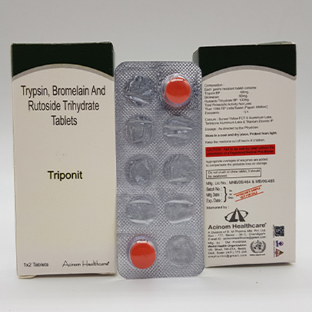 Product Name: Triponit, Compositions of Triponit are Trypsin, Bromelain and Rutoside Trihydrate Tablets - Acinom Healthcare