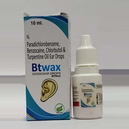 Product Name: Btwax, Compositions of Btwax are Paradichlorobenzene Benzocaine,Chlorbutol & Turpentine Oil Ear Drops - Biotanic Pharmaceuticals