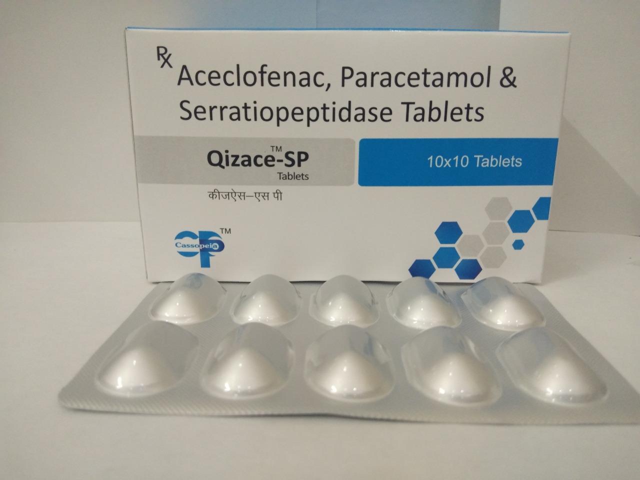 Product Name: Qizace SP, Compositions of Qizace SP are Aceclofenac, Paracetamol & Serratiopeptidase Tablets - Cassopeia Pharmaceutical Pvt Ltd