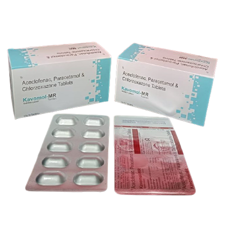 Product Name: Kavomol MR, Compositions of are Aceclofenac Paracetaol & Chlorzoxazone Tablets - Kevlar Healthcare Pvt Ltd
