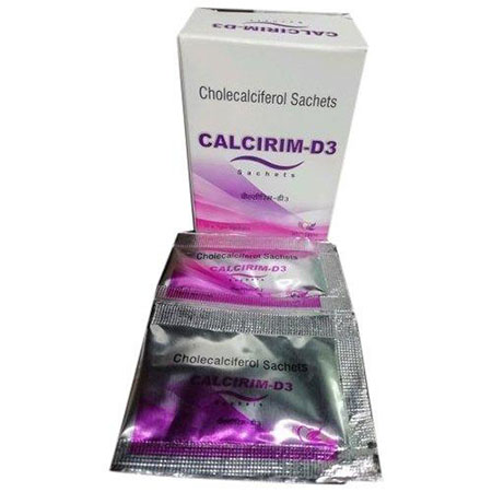 Product Name: Calcirim D3, Compositions of Calcirim D3 are Cholecalciferol Sachets - Rhythm Biotech Private Limited