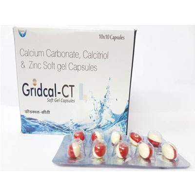 Product Name: Gridcal ct, Compositions of Gridcal ct are Calcium Carbonate, Calcitriol & Zinc Soft gel Capsules - Cubic Lifesciences Private Limited
