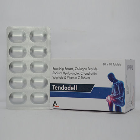 Product Name: TENDODELL, Compositions of TENDODELL are Rose Hip Extract, Collagen Peptide, Sodium Hyaluronate, Chondroitin Sulphate & Vitamin C Tablets - Alencure Biotech Pvt Ltd