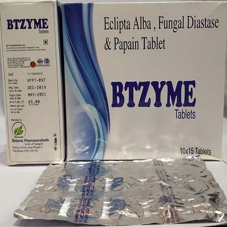 Product Name: Btzyme, Compositions of Btzyme are Eclipta Alba,Fungal Diastase & Papain Tablet - Biotanic Pharmaceuticals