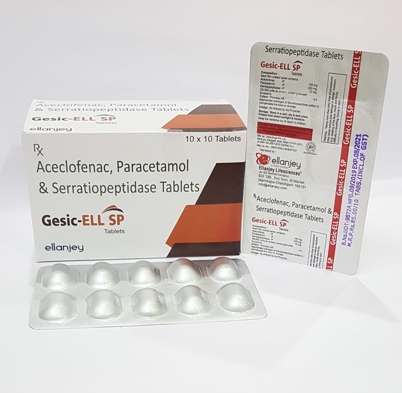 Product Name: Gesic ELL SP, Compositions of Gesic ELL SP are Aceclofenac, Paracetamol & Serratiopeptidase Tablets - Ellanjey Lifesciences