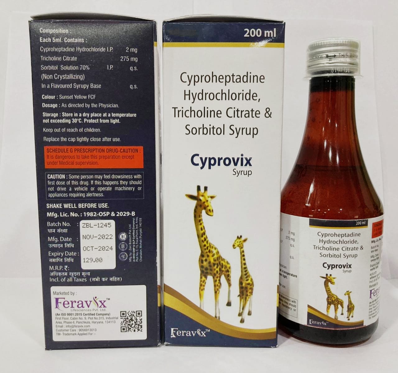 Product Name: CYPROVIX Syrup, Compositions of CYPROVIX Syrup are CYPROHEPTADINE 2 MG, TRICOLINE CITRATE 275 MG (SURBITOL BASE)  - Feravix Lifesciences