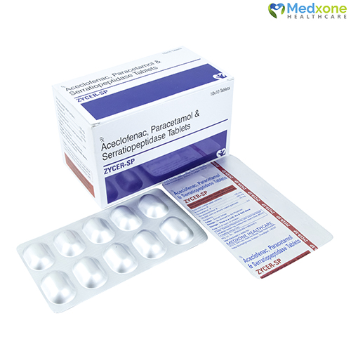 Product Name: ZYCER SP, Compositions of ZYCER SP are Aceclofenac, Paracetamol & Serratiopeptidase Tablets - Medxone Healthcare