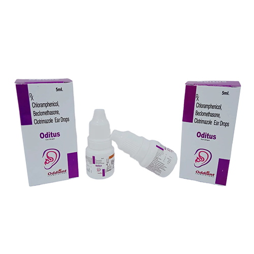 Product Name: Oditus, Compositions of Oditus are Chloramphenicol 5% + Beclomethasone 0.025% + Clotrimazole 1% w/v +  Glycerin 2% w/v - Oddiant Formulations