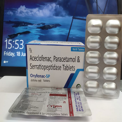 Product Name: Oryfenac SP, Compositions of Oryfenac SP are Aceclofenaac Paracetamol Serratiopeptidase - Oriyon Healthcare