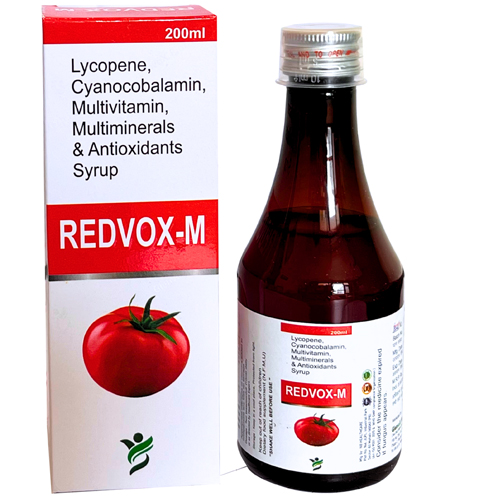 Product Name: Redvox m, Compositions of Redvox m are Lycopene, Cyanocobalamin, Multivitamin, Multiminerals & Antioxidant Syrup  - Glenvox Biotech Private Limited