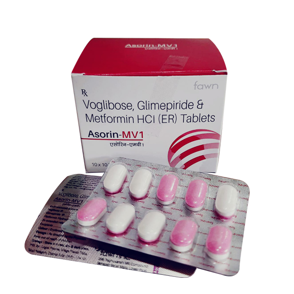Product Name: ASORIN MV1, Compositions of ASORIN MV1 are Glimipride 1 mg + Metformin 500 mg + Voglibose 0.3 mg. - Fawn Incorporation