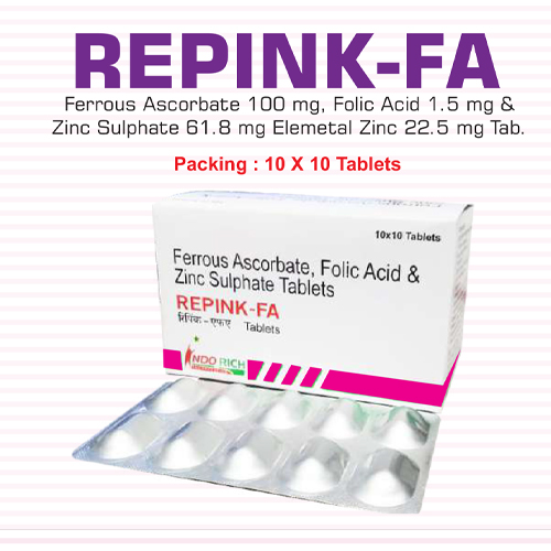 Product Name: Repink FA, Compositions of Repink FA are Ferrous Ascorbate,Folic Acid & Zinc Sulphate Tablets - Pharma Drugs and Chemicals