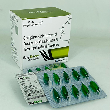 Product Name: Easy Breezy, Compositions of Camphor, Chlorothymol, Eucalyptol Oil, Menthol &  Terpineol Softgel Capsules are Camphor, Chlorothymol, Eucalyptol Oil, Menthol &  Terpineol Softgel Capsules - Biodiscovery Lifesciences Pvt Ltd